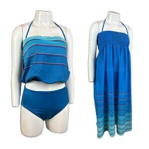 Vintage 1980s Teal Blue 2 Piece bikini Bathing Suit Tube top Dress / Small